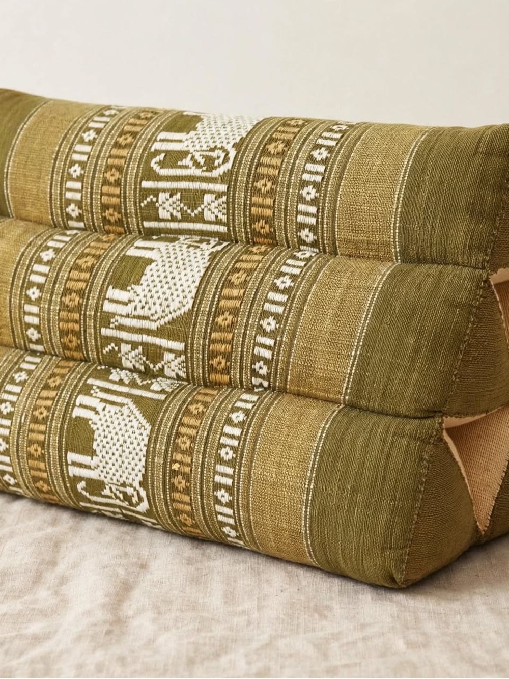 Olive Green Elephant Pattern Triangular Floor Cushion Pillow- Thai Traditional
